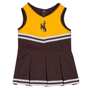 Brown infant cheer uniform, design is brown bucking horse on gold top portion above white stripes