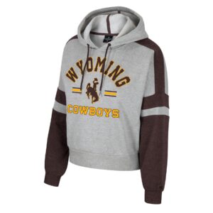 women's grey hooded sweatshirt with brown sleeves. Word Wyoming arced on front in brown, with stripes and a bucking horse below. Word Cowboys printed in gold below bucking horse logo