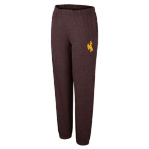 brown women's sweatpants with banded bottoms. small gold bucking horse printed on left hip
