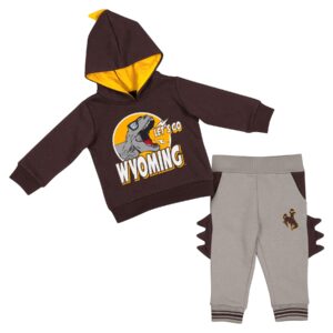 photo of infant sweatsuit set with dinosaur scales on hood and side of pants. brown hoodie with Dino design, and grey pants.