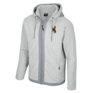 light grey hooded full zip jacket. dark grey piping on zipper portion. Small brown bucking horse with gold outline on left chest