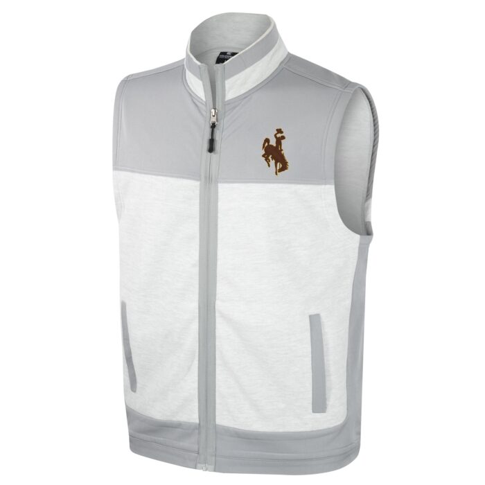 men's vest with light grey body and darker grey shoulders. side pockets on front. brown bucking horse logo with gold outline on left chest