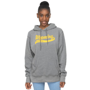 Women's grey hood, design is gold script word Wyoming with tail, grey word pokes in tail