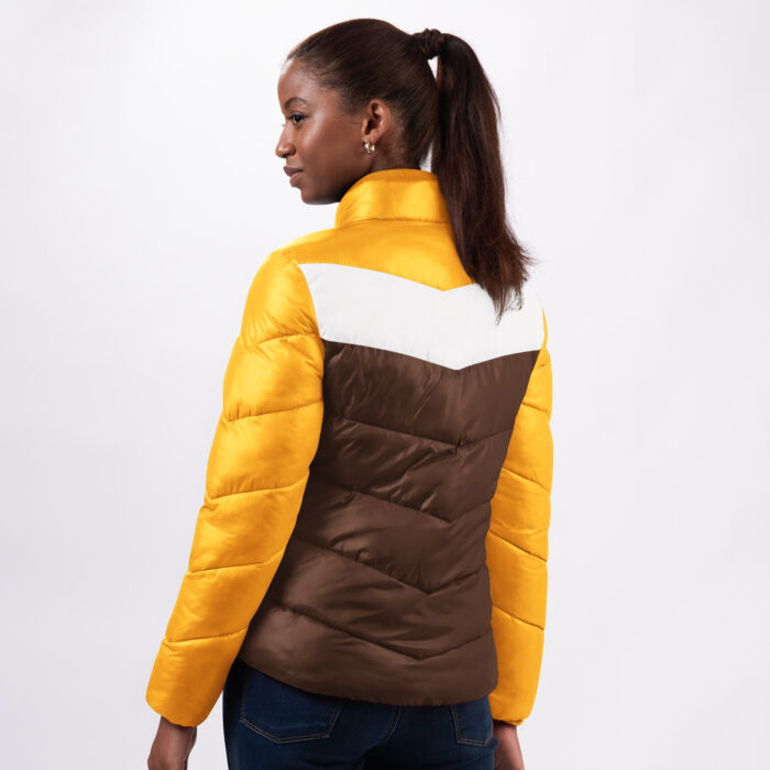 Back of women's brown jacket, white stripe with gold sleeves