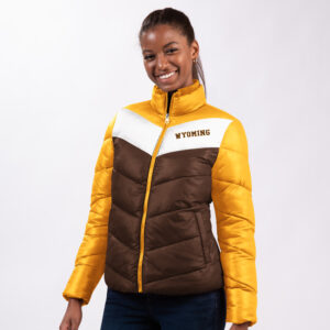 Women's brown jacket, white stripe with gold sleeves, design is brown word Wyoming gold outline