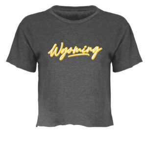 women's charcoal grey cropped tee. Word Wyoming on front in white script font with gold outline. line under the word in gold