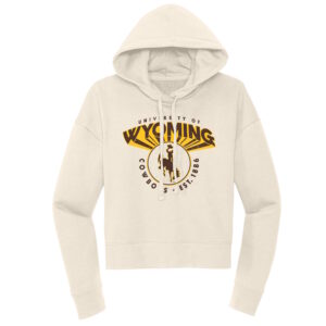 Women's hood, design is brown words university of above Wyoming gold outline with shadows, above brown bucking horse gold outline encircled, brown cowboys est. 1886 below