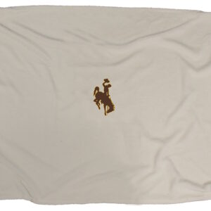 Cream colored blanket, design is brown bucking horse gold outline applique centered on blanket