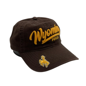 Women's brown adjustable hat, design is gold script word Wyoming above gold word pokes, gold bucking horse on bill