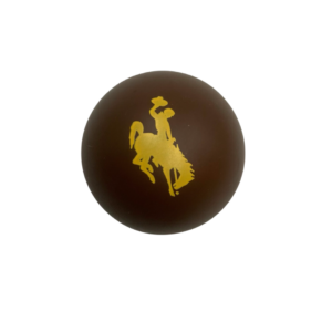 Brown rubber ball, design is gold bucking horse