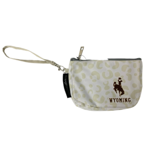 White wristlet purse with strap, design is light gold leopard print with brown bucking horse gold outline above brown word Wyoming