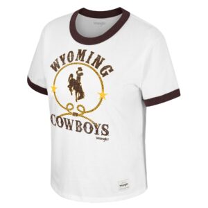 Women's white tee, design is brown word Wyoming above rope design, brown bucking horse inside rope, brown word cowboys below