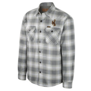 Grey and white flannel shirt, design is brown bucking horse gold outline, black buttons down front and two chest flannel chest pockets with black buttons