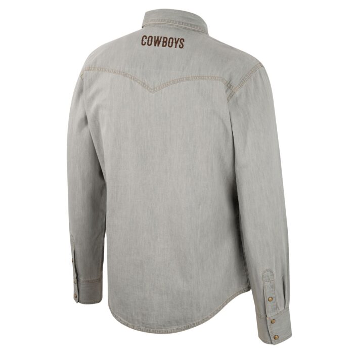 Back of grey long sleeve, design is brown word cowboys centered on back of neck area