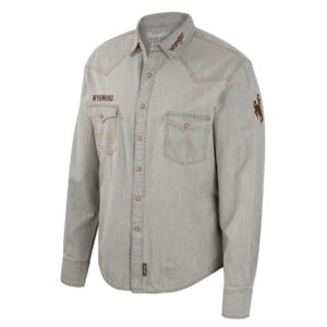 Grey long sleeve, design is brown word Wyoming above chest pocket, brown word wrangler on collar, brown bucking horse on left sleeve