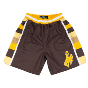 brown basketball shorts with gold and brown striping detail down the side of each leg. Gold Bucking horse printed on left leg