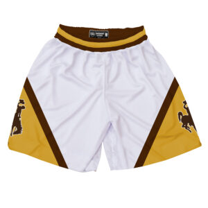 white basketball shorts with diagonal gold panels on the side of each leg. brown trim on panels and brown bucking horse inside