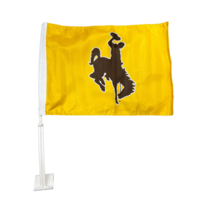 gold car flag on plastic flag holder. Image on flag is brown bucking horse with white outline