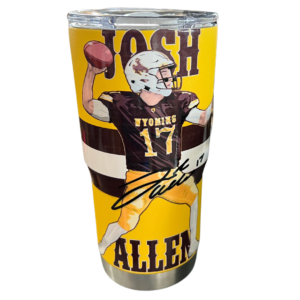 metal tumbler in gold. design is football player Josh Allen with signature on top. Word Josh Allen on top and bottom of tumbler