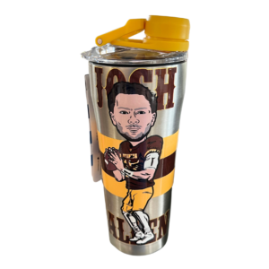 metal tumbler with shaker bottle lid. Design is character image of Josh Allen with his name printed in brown on top and bottom