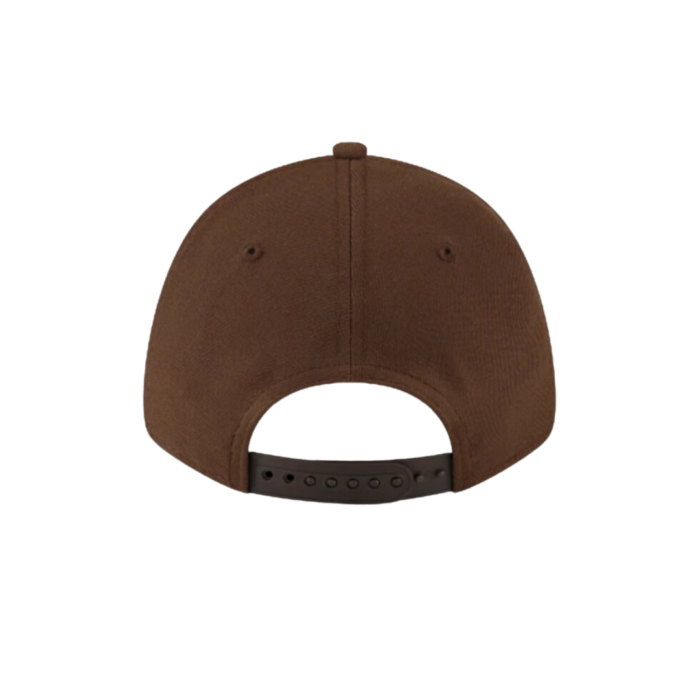 back of brown hat, showing plastic brown snap back closure
