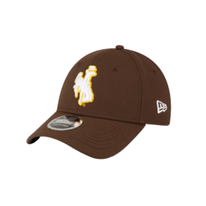 brown structured, adjustable hat. Bucking horse embroidered on front center in white with gold outline. New Era logo on left in white