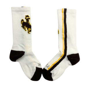 White socks with brown toe and heel pieces, design is brown and gold vertical stripes, brown bucking horse gold outline centered on sock