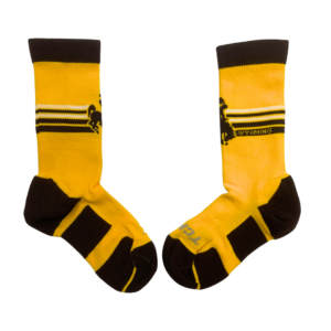 Gold socks with brown toe and heel pieces, design is brown horizontal stripes with brown bucking horse in center