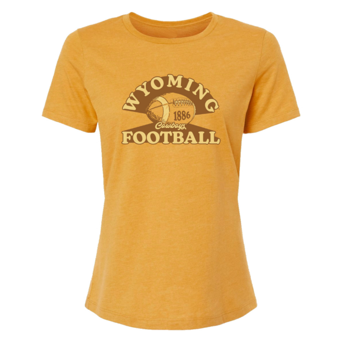 women's gold tee. Design on front is Slogan Wyoming Football with vintage football and 1886 printed in between words. Design is dark gold
