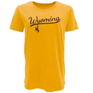 gold women's crew neckline short sleeved tee. Word Wyoming printed on front in brown script font, with tail. small brown bucking horse printed below