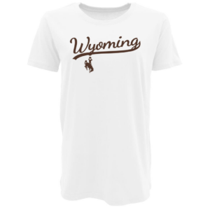 white women's crew neckline short sleeved tee. Word Wyoming printed on front in brown script font, with tail. small brown bucking horse printed below