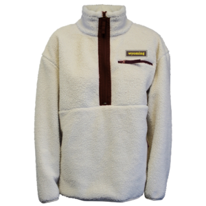 cream colored fleeced quarter zip jacket. zipper has brown fabric. Word Wyoming on brown fabric patch on left chest