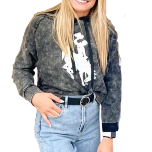 woman wearing a black cropped hoodie. Design on front is large white bucking horse