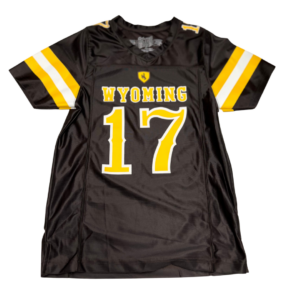 brown youth sized football jersey. Word Wyoming and number 17 on front in gold with white outline