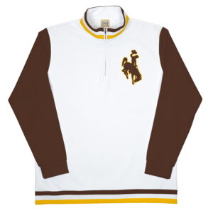 front view of white 1/4 zip jacket with brown sleeves. Collar and bottom band are brown, gold, and white stripes. Brown bucking horse on left chest
