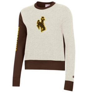 Cream and brown women's hood, design is brown bucking horse gold outline, on brown sleeve gold word Wyoming