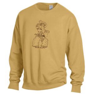 gold crewneck sweatshirt. Design on front is outline logo of Pistol Pete in brown