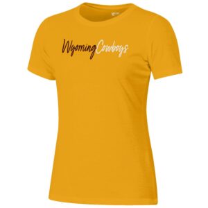 gold women's short sleeved tee. Word Wyoming in brown and Cowboys in white on front of tee