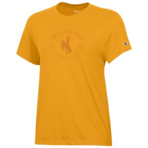 Gold women's short sleeve, design is gold word Wyoming arched above gold bucking horse, above gold word cowboys, gold est. 1886 on sides