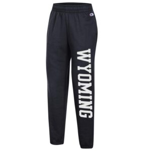 black women's sweatpants, design is white word Wyoming vertically down left leg of pant