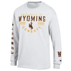 white long sleeved tee with wyoming logos on center and both sleeves. Main logo on center is slogan University of Wyoming Cowboys with a bucking horse in the middle