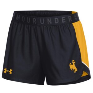 Black women's shorts with gold side detail, gold Under Armour logo on right leg, gold bucking horse on left leg