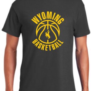 Grey tee, design is gold word Wyoming above gold basketball with gold bucking horse inside, gold word basketball below