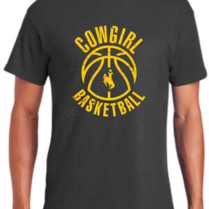 Grey tee, design is gold word cowgirl above gold basketball with gold bucking horse inside, gold word basketball below