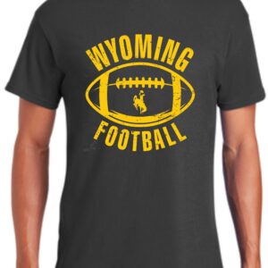 Grey tee, design is gold word Wyoming above gold football with gold bucking horse inside, gold word football below