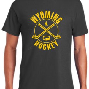 Grey tee, design is gold word Wyoming above gold hockey logo with gold bucking horse inside, gold word hockey below