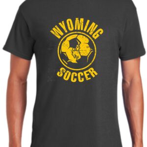 Grey tee, design is gold word Wyoming above gold soccer ball with gold bucking horse inside, gold word soccer below