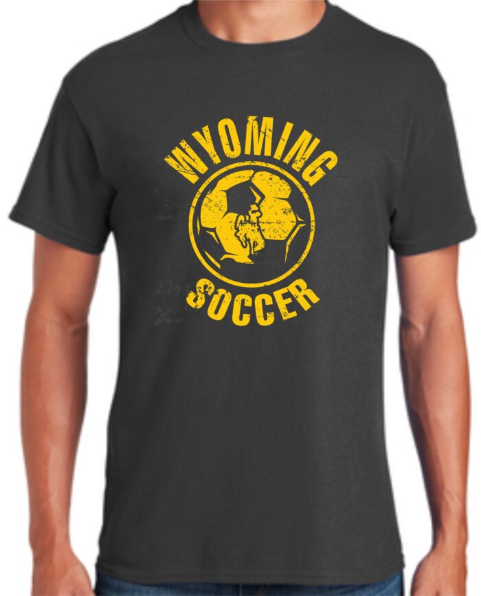 Grey tee, design is gold word Wyoming above gold soccer ball with gold bucking horse inside, gold word soccer below