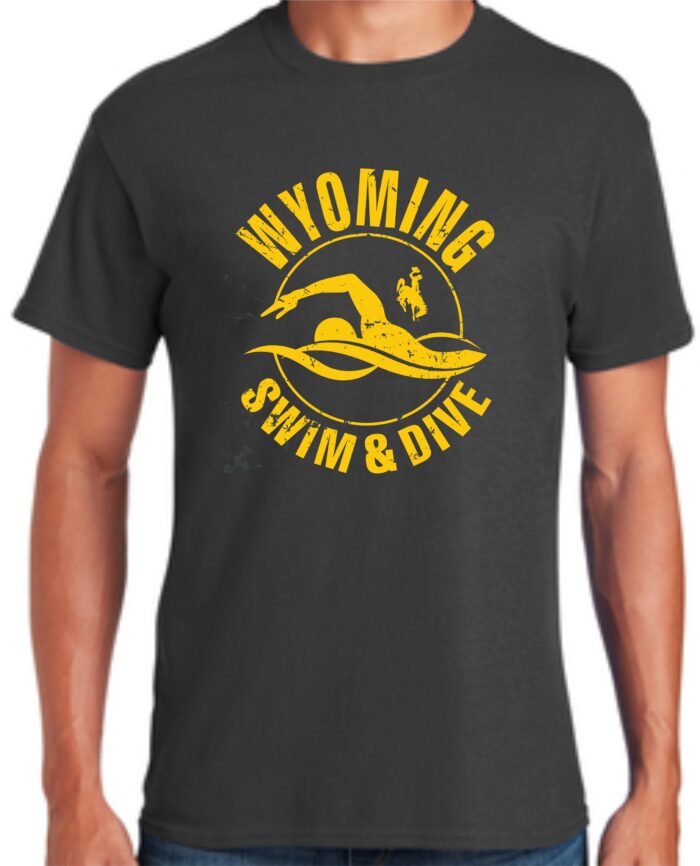 Grey tee, design is gold word Wyoming above gold swim logo with gold bucking horse inside, gold words swim & dive below