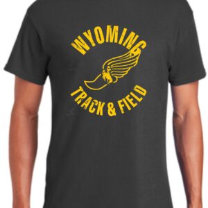 Grey tee, design is gold word Wyoming above gold track symbol with gold bucking horse inside, gold words track & field below
